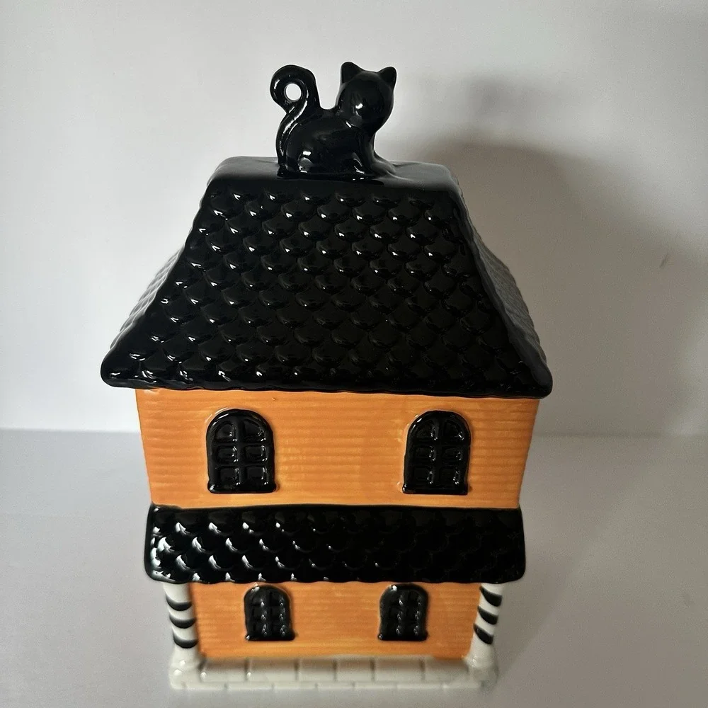 Jack Lantern Lane Haunted House Ghost Cat Halloween Ceramic Cookie Jar
